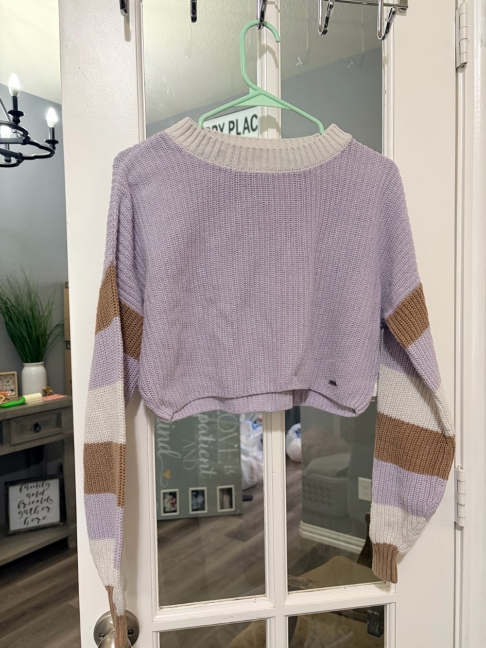 Hollister Lavender Crewneck Sweater with Cream & Tan Stripes